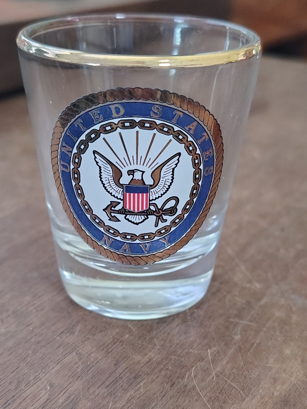 United States Navy Emblem Shot Glass - Clear with Blue & Gold Crest